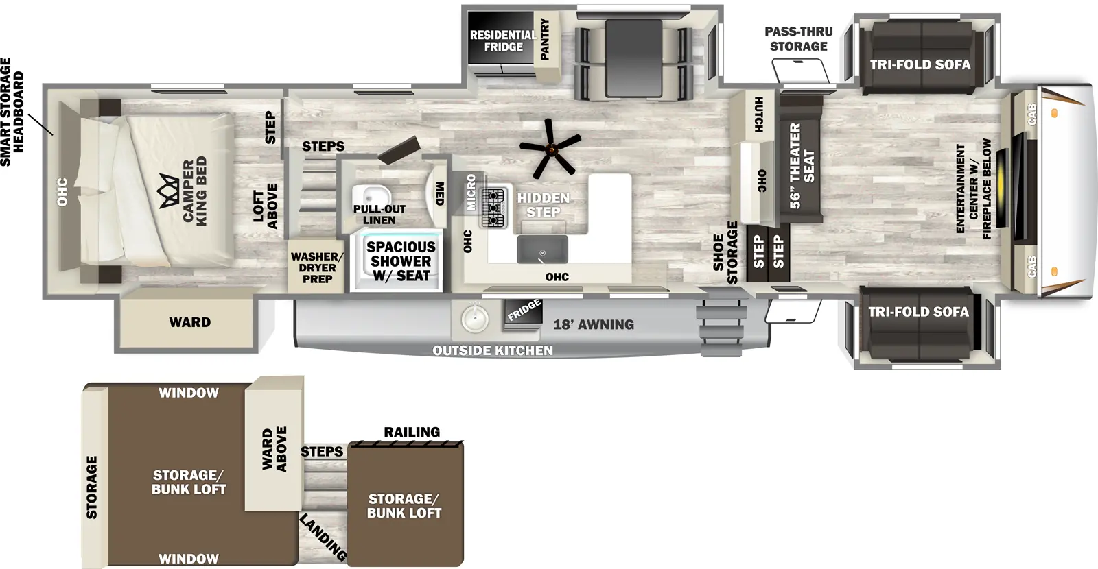 The Sabre 37FLL floorplan has one entry and four slide outs. Exterior features include: fiberglass exterior, 18' awning and outside kitchen. Interiors features include: loft, free-standing dinette option, rear bedroom and front living.